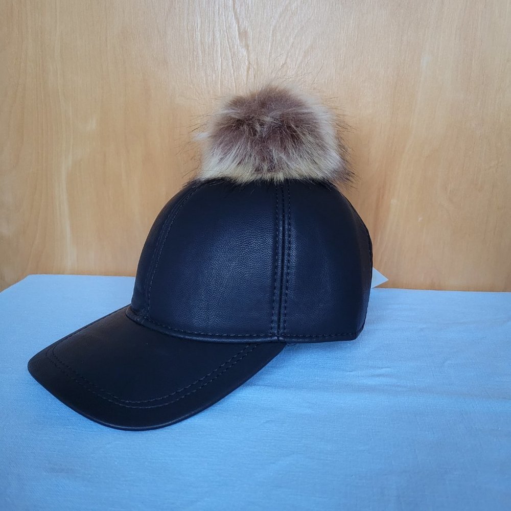 NEW Black Leather Baseball Hat Adjustable Back Strap with Removeable Fur Pom Pom - Picture 2 of 7
